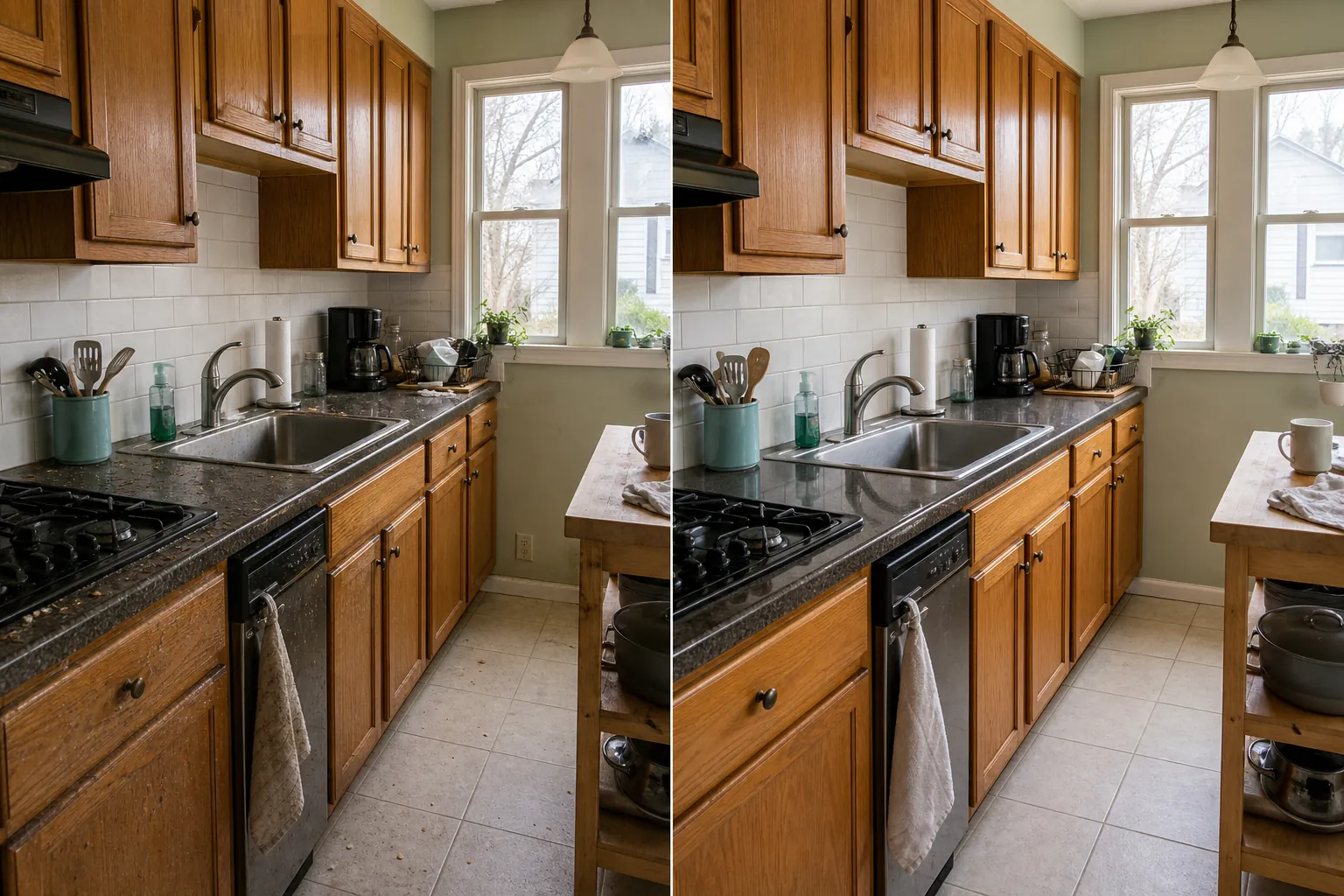 Side-by-side sample showing a shared kitchen before and after cleaning