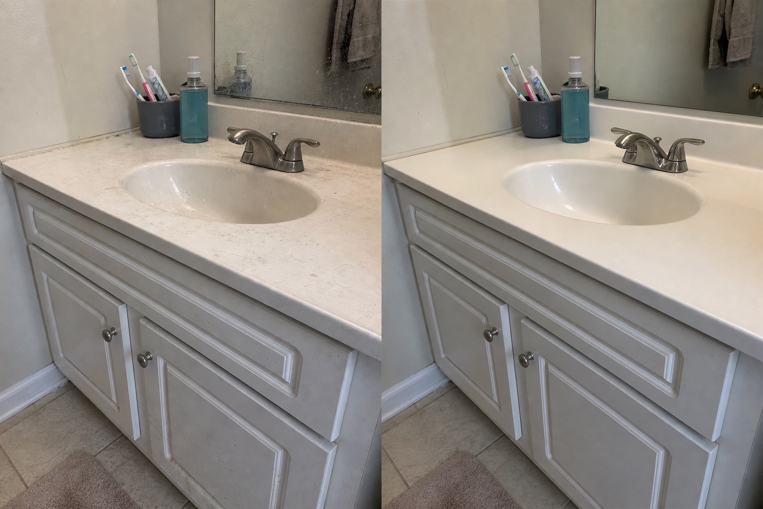 Side-by-side sample showing a bathroom vanity before and after cleaning